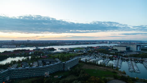 Copenhagen-Sunset-Skyline-Timelapse---Aerial-Cityscape-on-River